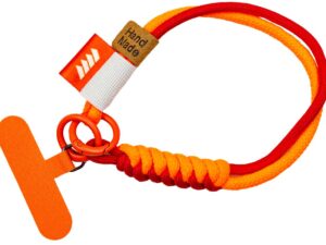 Krótka, pleciona smycz paracord z metalowymi kółkami i spersonalizowanym uchwytem na telefon z logo firmy. Kolor dostępny z palety Pantone (pomarańczowy). Dostępny w AMGS Group.