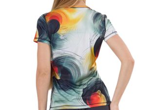 Tył personalizowanego T-shirtu damskiego Termoactive Teardrop z abstrakcyjnym nadrukie. Termoaktywny materiał i dopasowany krój. Zamów własną wersję w AMGS Group i wyraź swój styl!