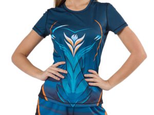 T-shirt sportowy damski z nadrukiem Sport Coolmax. Nebieska z nadrukiem abstrakcyjnym. AMGS Group.
