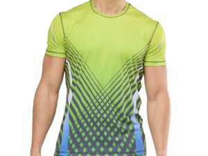 Męska koszulka sportowa z nadrukiem sublimacyjnym, w kolorze zielonym. Reklamowa odzież sportowa od AMGS Group.